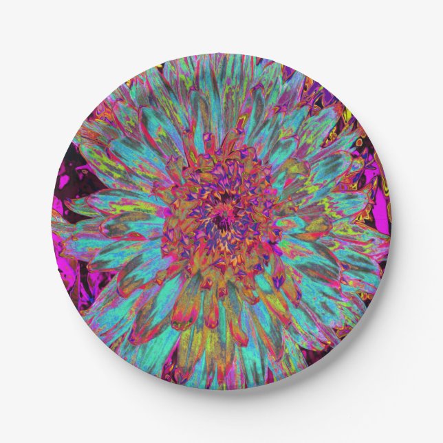 Psychedelic Teal Blue Abstract Decorative Dahlia Paper Plate (Front)