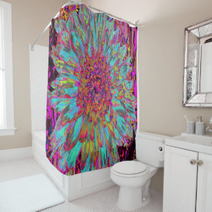 Psychedelic Teal Blue Abstract Decorative Dahlia Shower Curtain