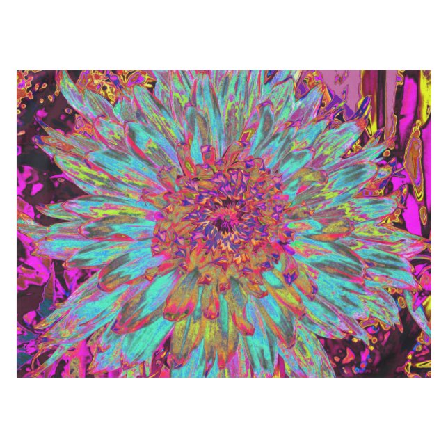 Psychedelic Teal Blue Abstract Decorative Dahlia Tablecloth (Front (Horizontal))