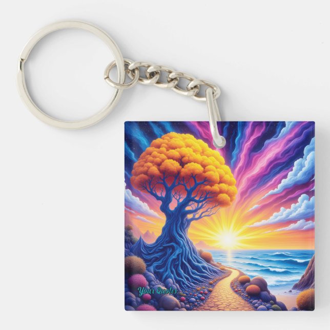 Psychedelic Tree Sunset Surreal Landscape Key Ring (Front)