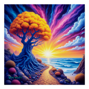 Psychedelic Tree Sunset Surreal Landscape Poster