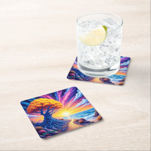 Psychedelic Tree Sunset Surreal Landscape Square Paper Coaster