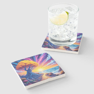 Psychedelic Tree Sunset Surreal Landscape Stone Coaster
