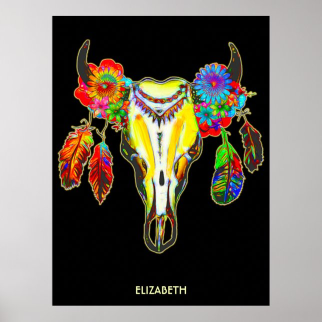 Psychedelic Tribal Cow Skull Flowers Feathers Poster (Front)
