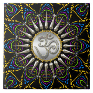 Psychedelic Tribe Silver Om Ceramic Tile