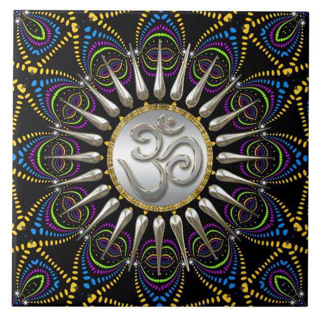 Psychedelic Tribe Silver Om Ceramic Tile (Front)