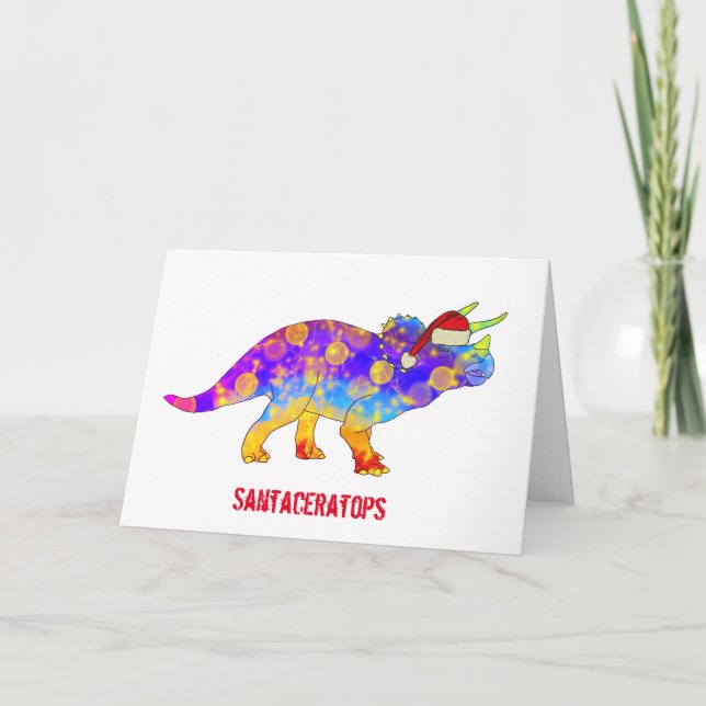 Psychedelic Triceratops Santa Christmas Dinosaur Card (Front)