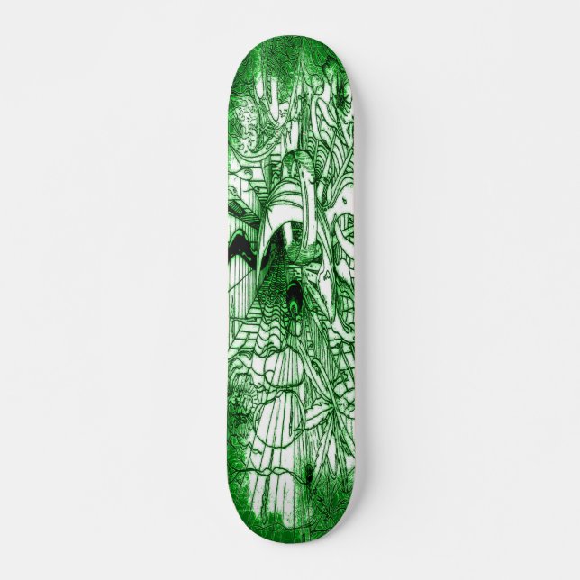 Psychedelic Trippy Black and Green Leaf Drawing Skateboard (Front)