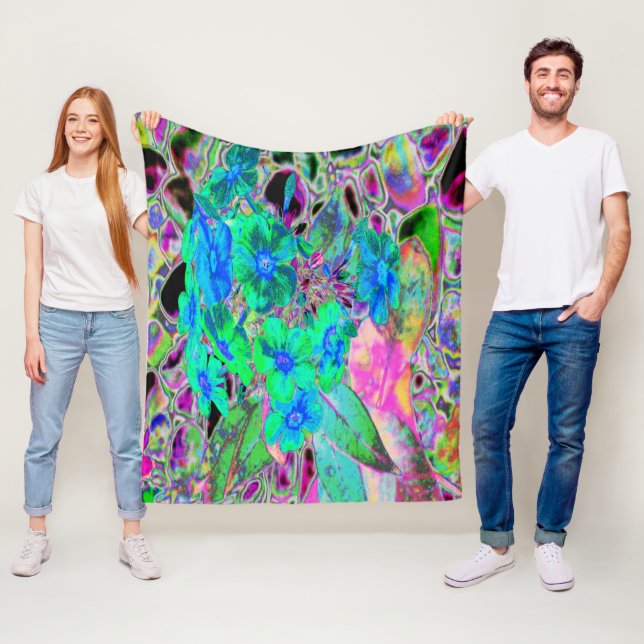 Psychedelic Trippy Lime Green and Blue Flowers Fleece Blanket (In Situ)