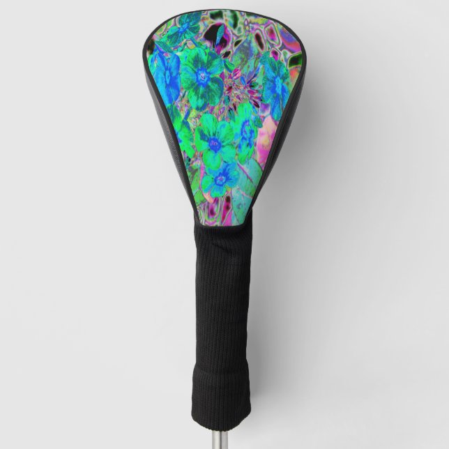 Psychedelic Trippy Lime Green and Blue Flowers Golf Head Cover (Front)