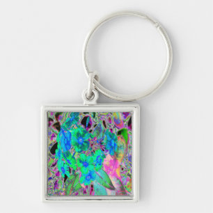 Psychedelic Trippy Lime Green and Blue Flowers Key Ring