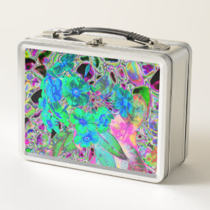 Psychedelic Trippy Lime Green and Blue Flowers Metal Lunch Box