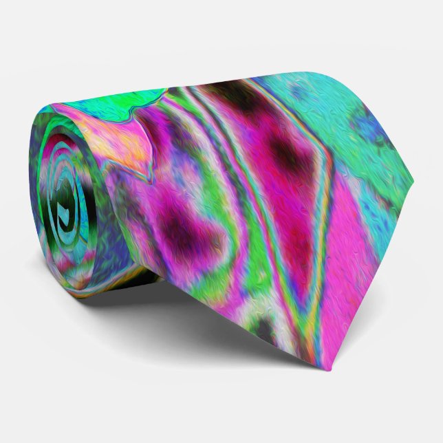 Psychedelic Trippy Lime Green and Blue Flowers Tie (Rolled)