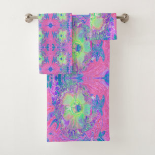 Psychedelic Trippy Lime Green and Purple Hibiscus Bath Towel Set