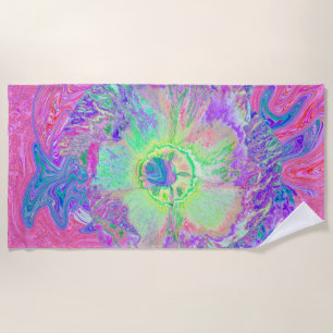 Psychedelic Trippy Lime Green and Purple Hibiscus Beach Towel