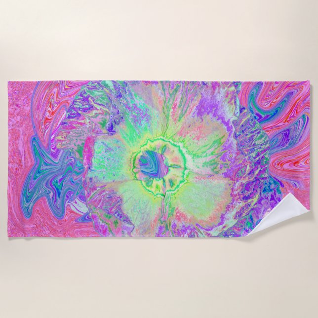 Psychedelic Trippy Lime Green and Purple Hibiscus Beach Towel (Front)