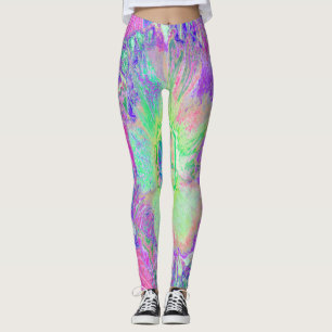 Psychedelic Trippy Lime Green and Purple Hibiscus Leggings