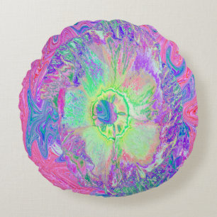 Psychedelic Trippy Lime Green and Purple Hibiscus Round Cushion