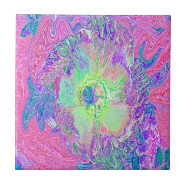 Psychedelic Trippy Lime Green and Purple Hibiscus Tile (Front)