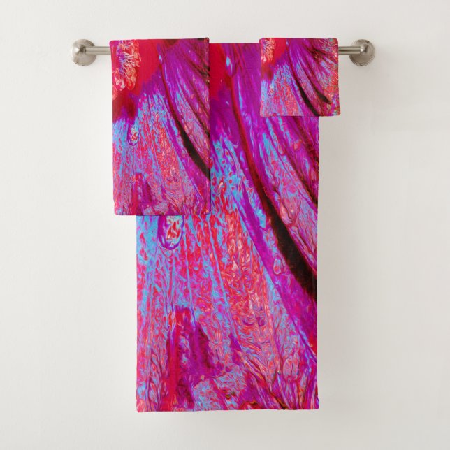 Psychedelic Trippy Retro Red Hibiscus Flower Bath Towel Set (Insitu)