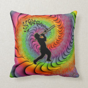Psychedelic Trombone Player Blowing Notes Cushion