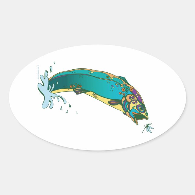 Psychedelic Trout Fishing Oval Sticker (Front)
