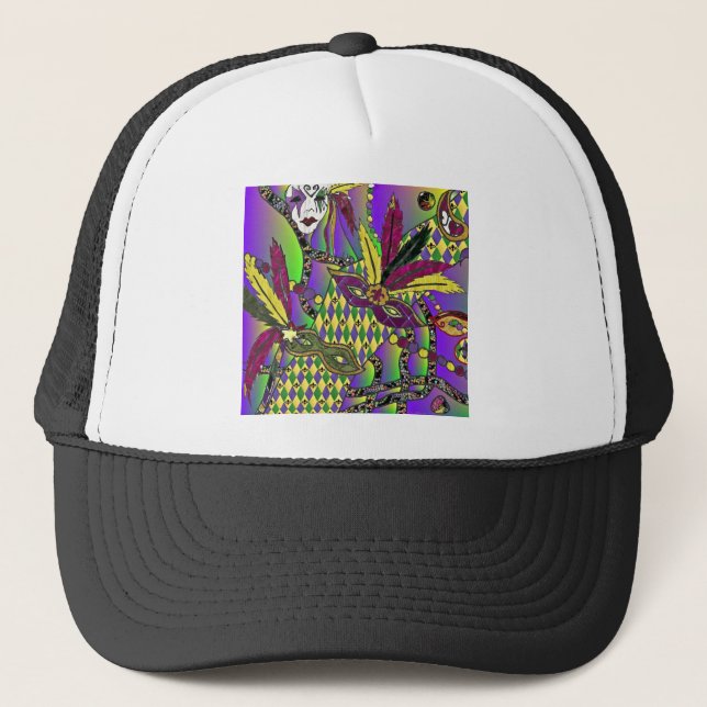 Psychedelic Tuesday Gras Feather Masks Trucker Hat (Front)