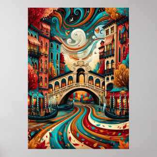 Psychedelic Venice Rialto Bridge Cityscape Poster