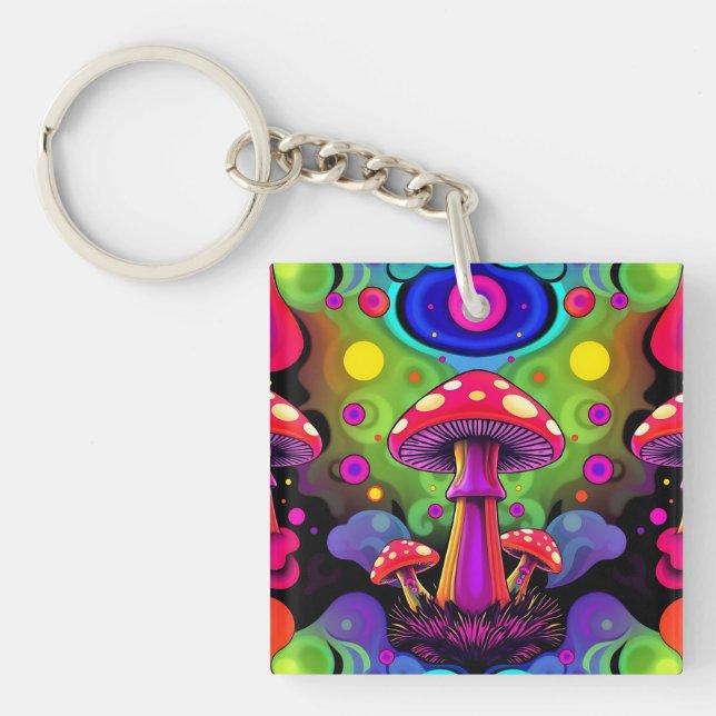 Psychedelic Vibrant Colourful Retro Mushrooms Key Ring (Front)