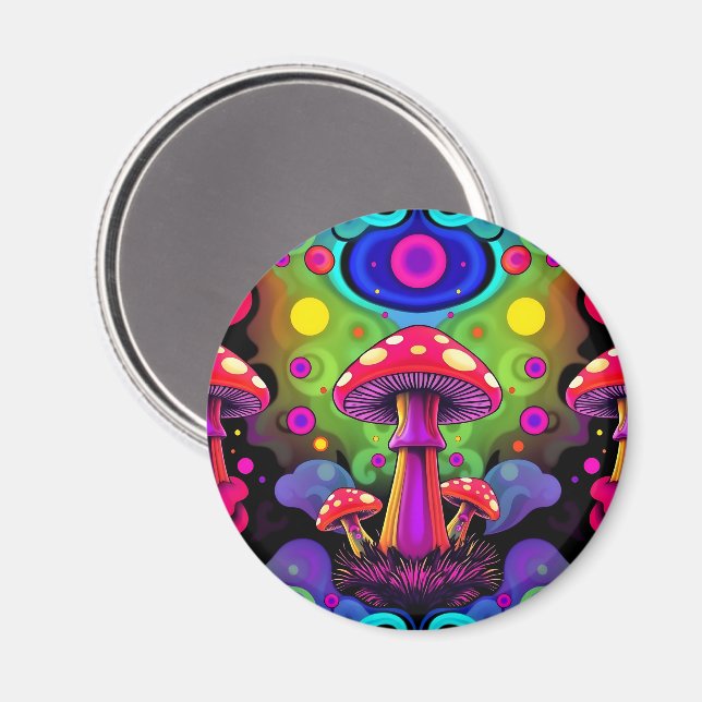 Psychedelic Vibrant Colourful Retro Mushrooms Magnet (Front/Back)