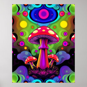 Psychedelic Vibrant Colourful Retro Mushrooms Poster