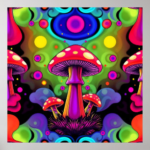 Psychedelic Vibrant Colourful Retro Mushrooms Poster