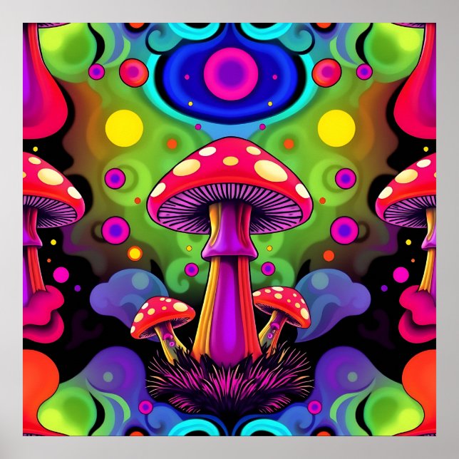 Psychedelic Vibrant Colourful Retro Mushrooms Poster (Front)