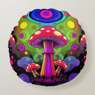 Psychedelic Vibrant Colourful Retro Mushrooms Round Cushion