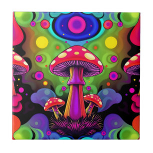 Psychedelic Vibrant Colourful Retro Mushrooms Tile