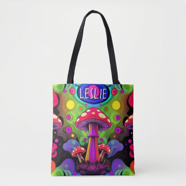 Psychedelic Vibrant Colourful Retro Mushrooms Tote Bag (Front)
