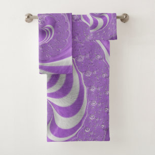 Psychedelic Violet White Fractal Striped Spiral Bath Towel Set