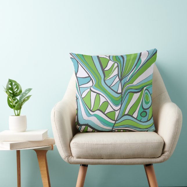 Psychedelic Water Leaves Expressionism Blue Green Cushion (Chair)