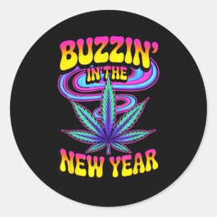 Psychedelic Weed Buzzing In New Year 2026 Funny Classic Round Sticker