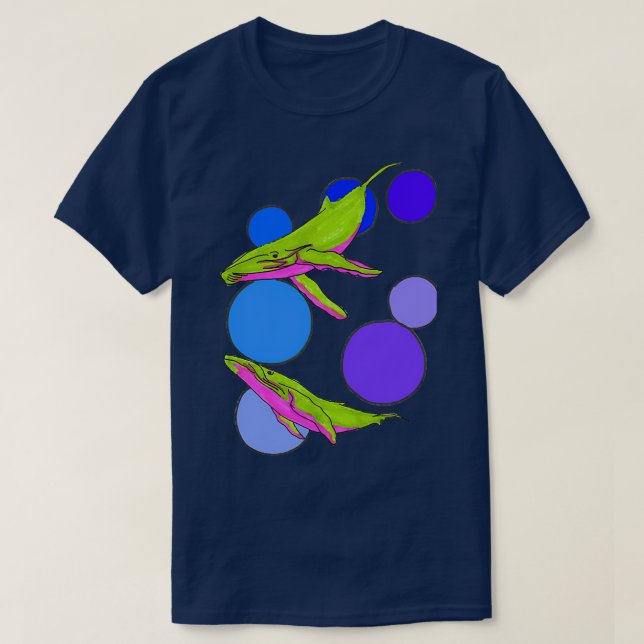 Psychedelic whales swimming in bubbles T-Shirt (Design Front)