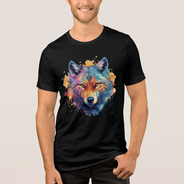 Psychedelic Wolf – Rainbow Spirit Animal Art Tri-Blend Shirt (Front)