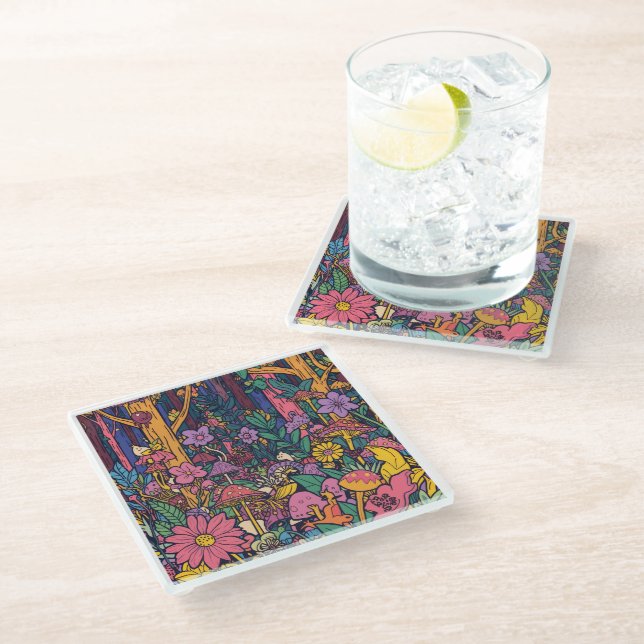 Psychedelic woodland glass coaster (Angled)