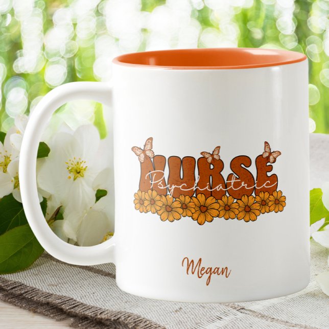 Psychiatric Nurse Orange Groovy Floral Two-Tone Coffee Mug (Creator Uploaded)