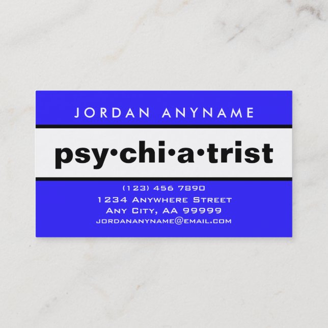 Psychiatrist Bold Blue and White Business Card (Back)
