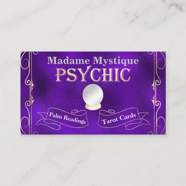 Psychic Crystal Ball Gold and Purple Business Card (Front)