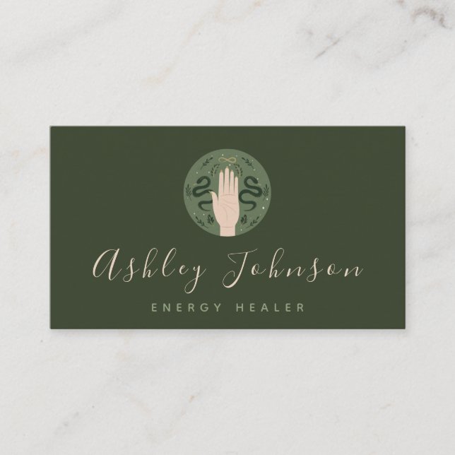 Psychic Dark Green Hand & Snakes Mystical Magic Business Card (Front)