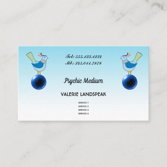 Psychic Medium, Blue Crystal Ball & Cute Birds  Business Card (Front)