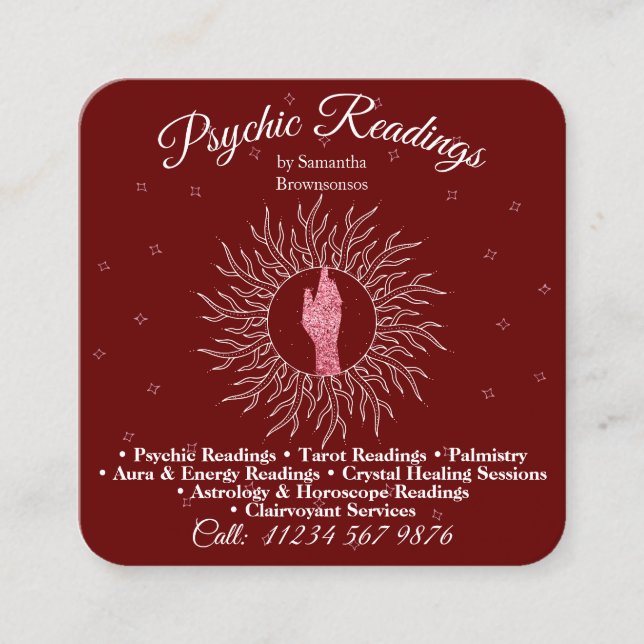 Psychic Medium Burgundy Massage Therapy Healing Square Business Card (Front)