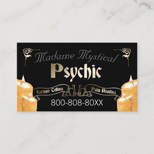 Psychic Medium Fortune Teller in Gold with Candles Business Card (Front)