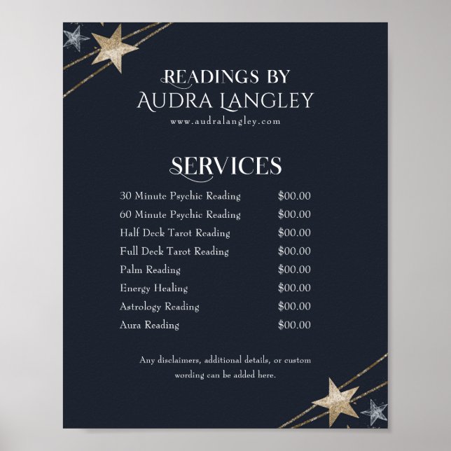 Psychic Medium, Tarot Reader Price List Poster (Front)